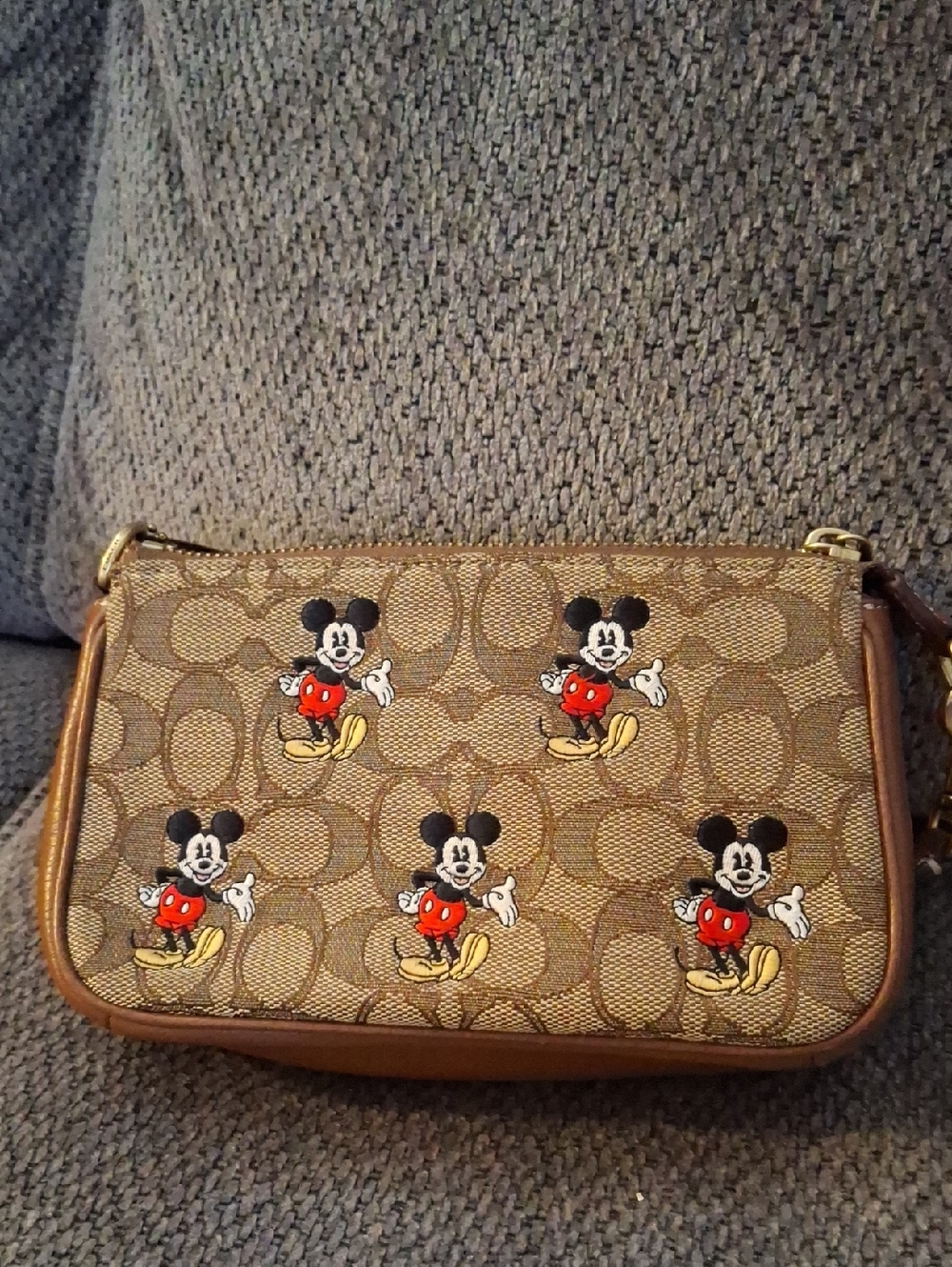 Coach Brown Signature Canvas Mickey Mouse Wristlet with Red & Yellow Accents - Picture 4 of 4
